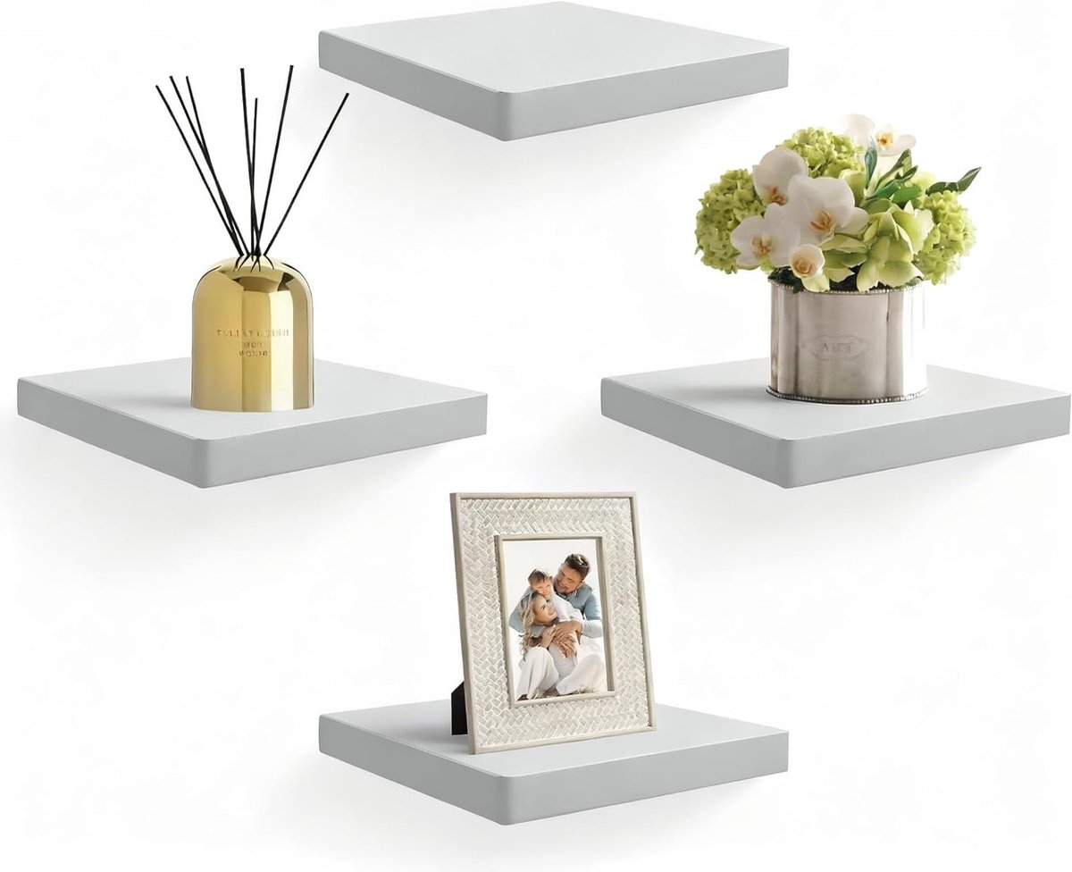 Set van 4 Zwevende Wandplanken van Massief Hout, Decoratieve Planken voor Badkamer, Slaapkamer, Woonkamer en Keuken – Grijs en Functioneel