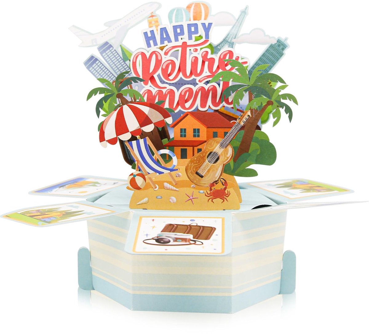 Dailygoods- Pensioenkaart 3D Pop-up - Strandthema - Grappige Groetkaart - Wenskaart met Envelop - Opvouwbaar Papierkunstwerk - Bureaudecoratie