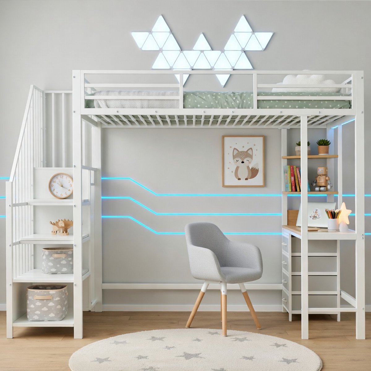 Gutent Hoogslaper met bureau-stapelbed-90x200-cm-metalen-ruimtebesparend-led-verlichting-wit