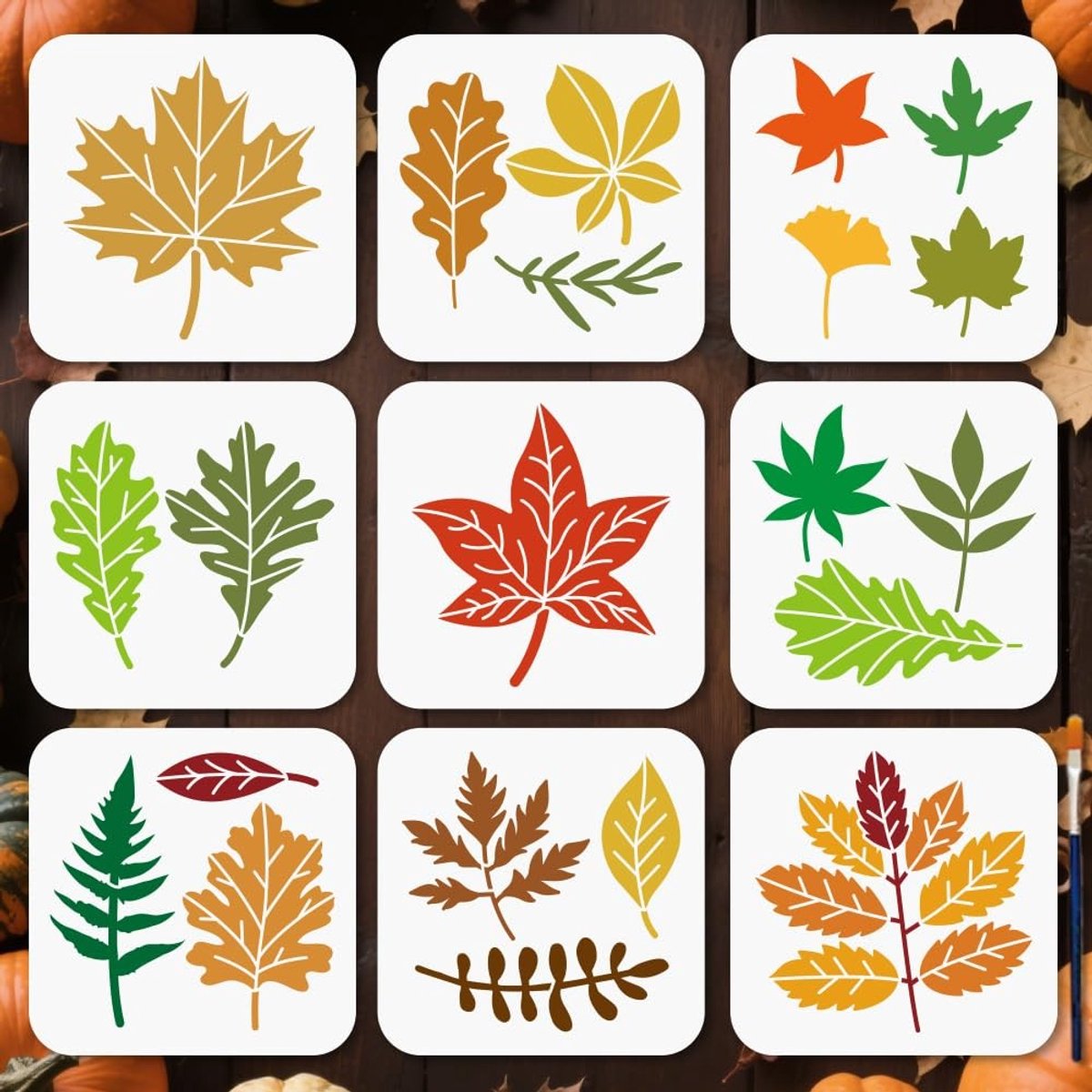 Dailygoods- Sjablonen Herfstbladeren 9 Stuks - Herbruikbaar - Schilder Sjablonen - 15 x 15 cm - Kunststof - Inclusief Penseel - Schildersjablonen