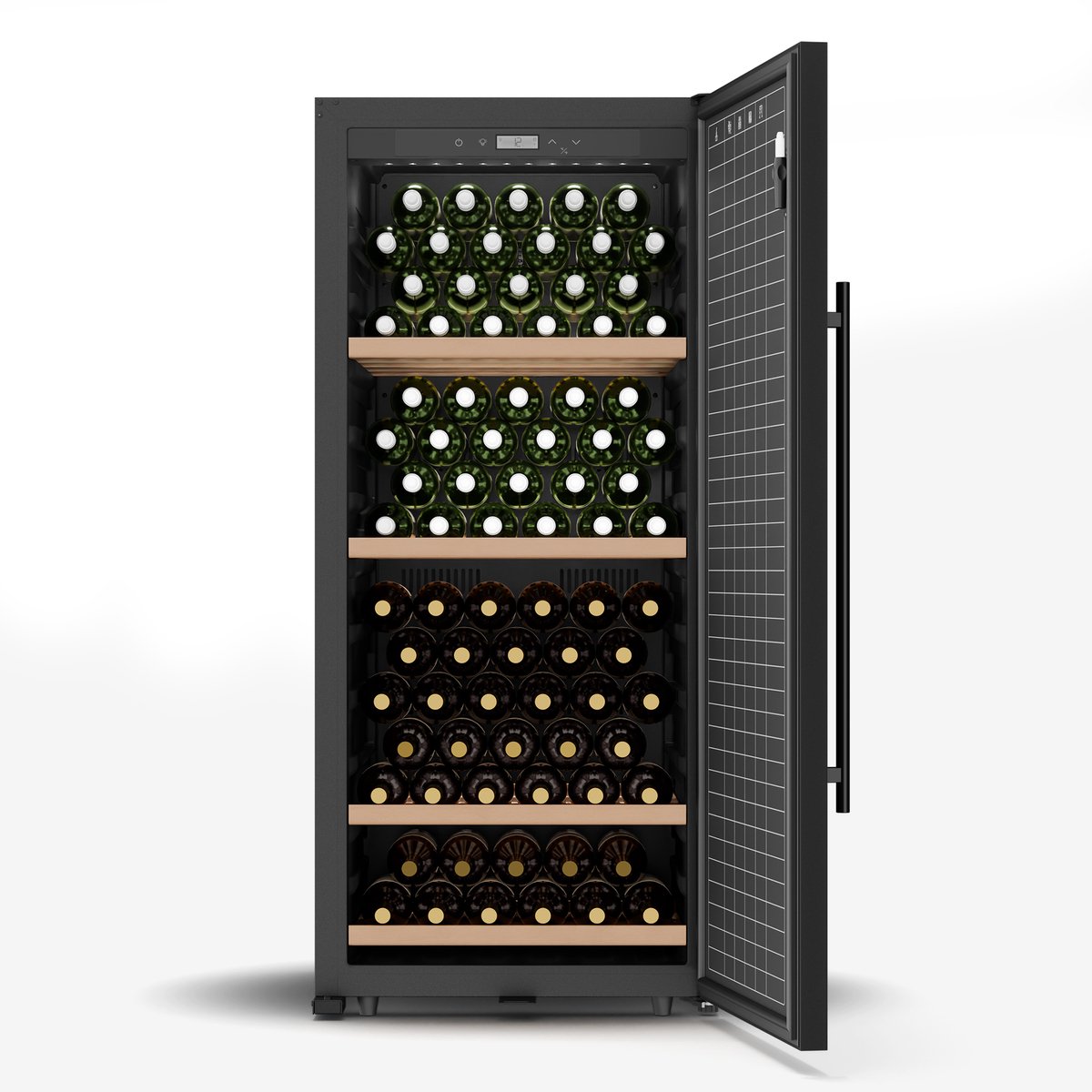 Klarstein Wijnkoeler CellarMax Vrijstaande - 155 Flessen Capaciteit, 5-20°C, touchbediening, Metalen Deur, Slot, Alarm, Stil 38 dB, Energieklasse E, Grote Wijnkoelkast - Houten Schappen - Wijnklimaatkast - Wijnkast - Wine Cooler Zwart