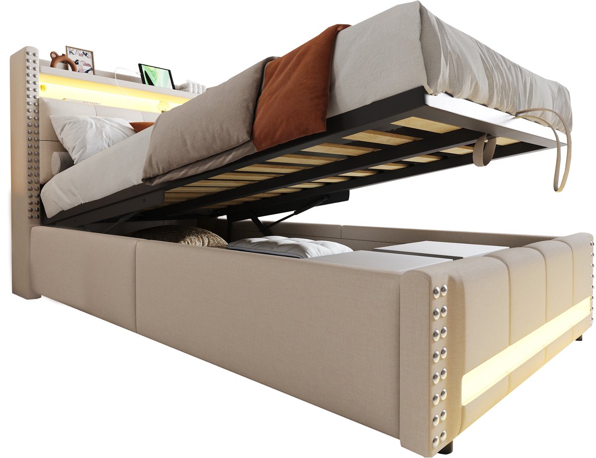 COVREO Kinderbed met LED en USB – 90x200 cm – Opbergbed met hydrauliek – met vakken in hoofdbord – Beige - zonder matras
