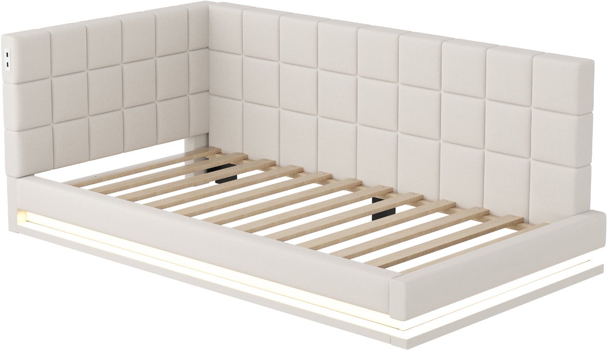 COVREO Slaapbank 206x97 cm beige stof met LED lichtstrip, USB aansluiting en lattenbodem