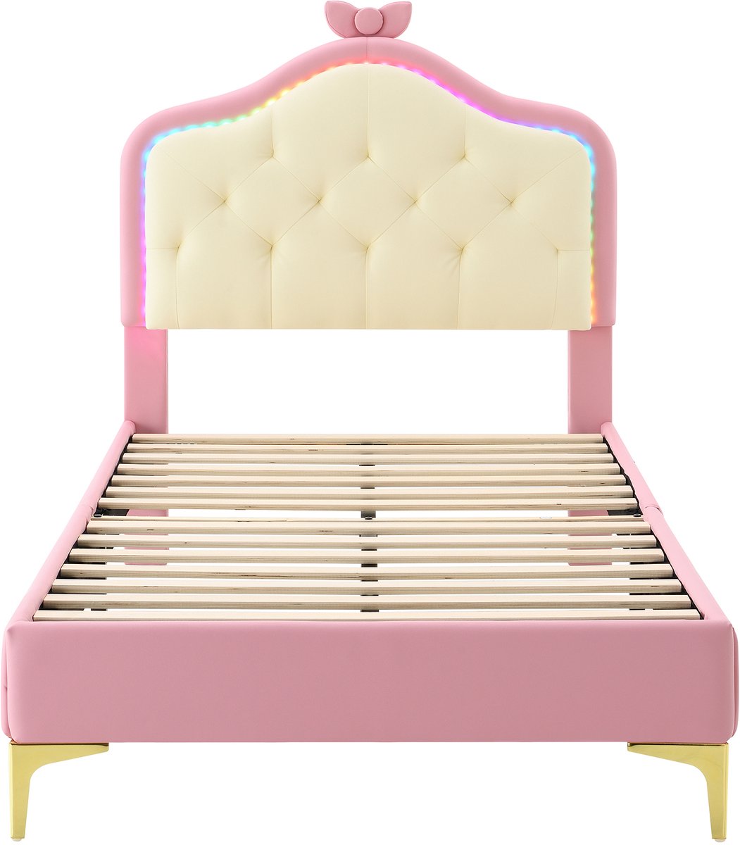 COVREO Bed 90x200 cm roze wit PU met LED hoofdbord zonder matras