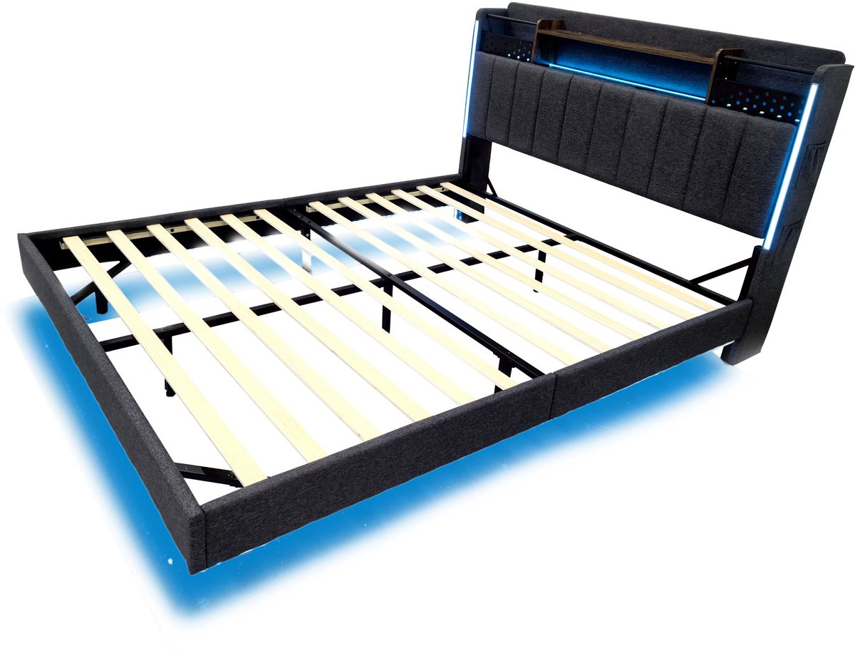 COVREO Bed 140x200 cm grijs met LED en opberghoofdbord zonder matras