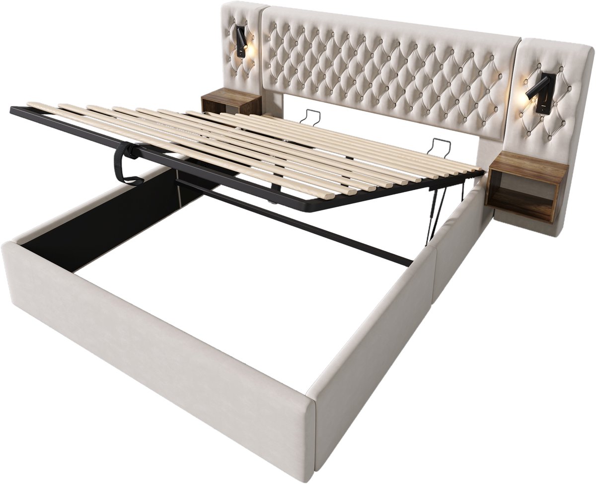 COVREO Slaapkamerbeddenset, gestoffeerd bed met hydraulische opbergruimte, tweepersoonsbed 160×200 cm, inclusief 2 nachtkastjes, leeslampje naast het bed met USB-oplaadfunctie, beige, fluweel (matras inbegrepen).