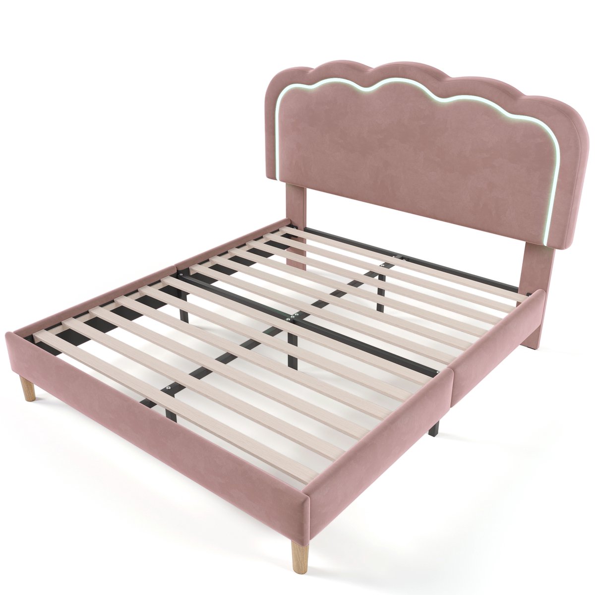 COVREO Bed 151x207 cm – roze stof, LED-hoofdbord, verstelbaar hoofdeinde