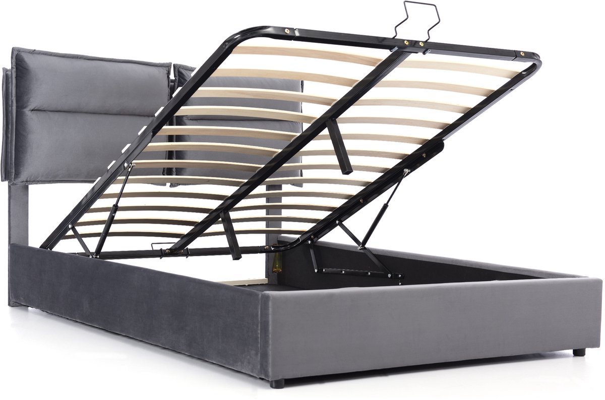 Hydraulisch tweepersoonsmatras, 140x200cm, verstelbaar hoofdeinde, metalen frame met lattenbodem, fluwelen bekleding, modern bedframe met opbergruimte, grote opbergcapaciteit, grijs (matras inbegrepen).