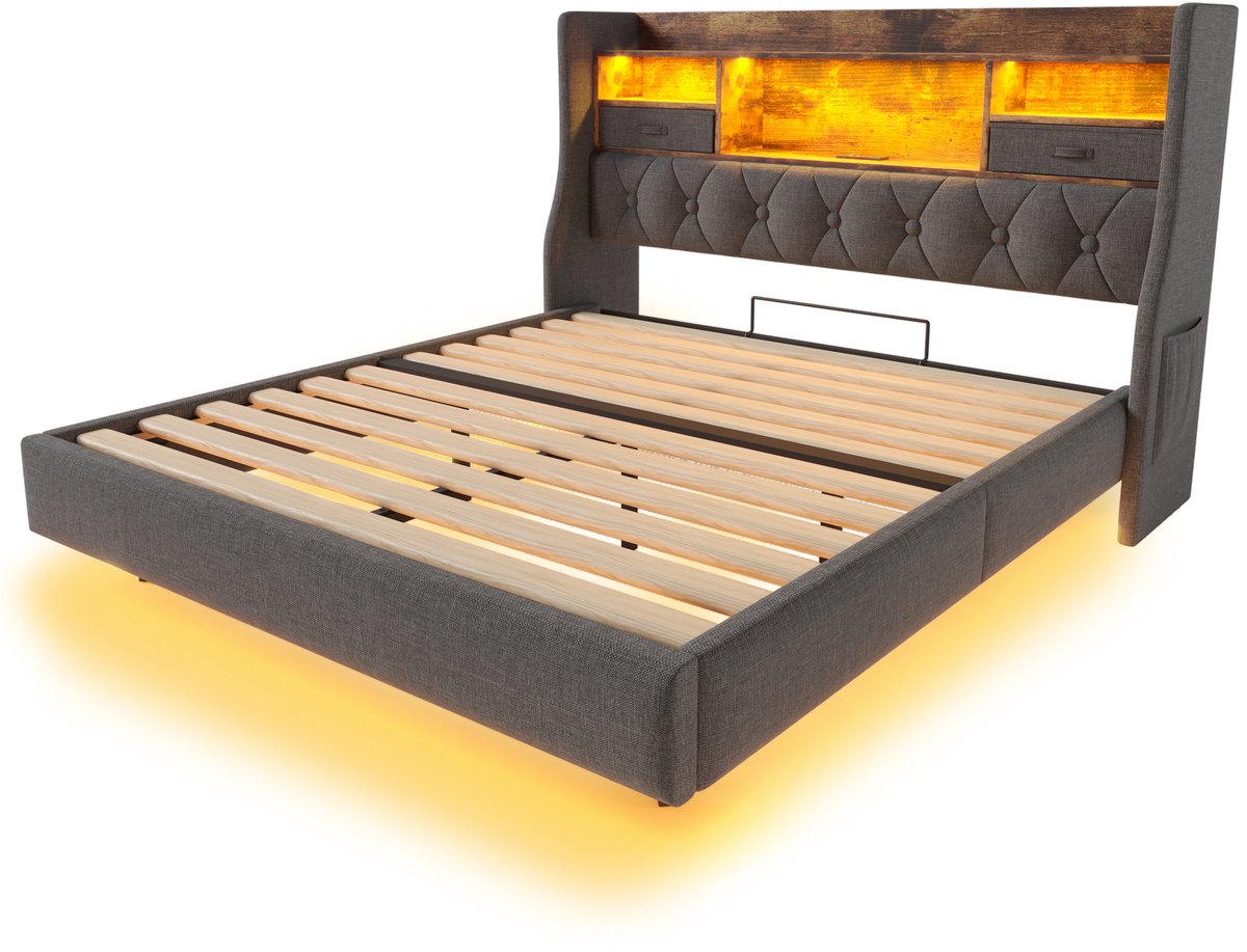 COVREO Bed 140x190 cm grijs, stof met LED laadstation opberghoofdbord