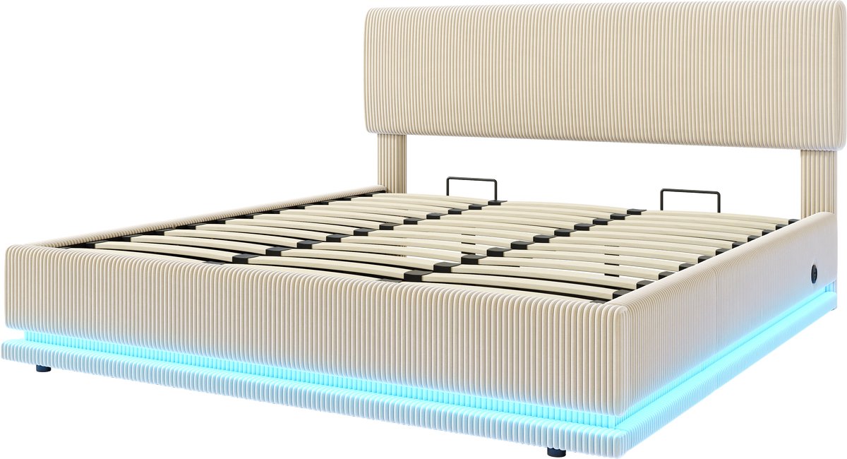COVREO Bed 180x200 cm - beige cordstof, LED-verlichting, USB-C en opbergruimte