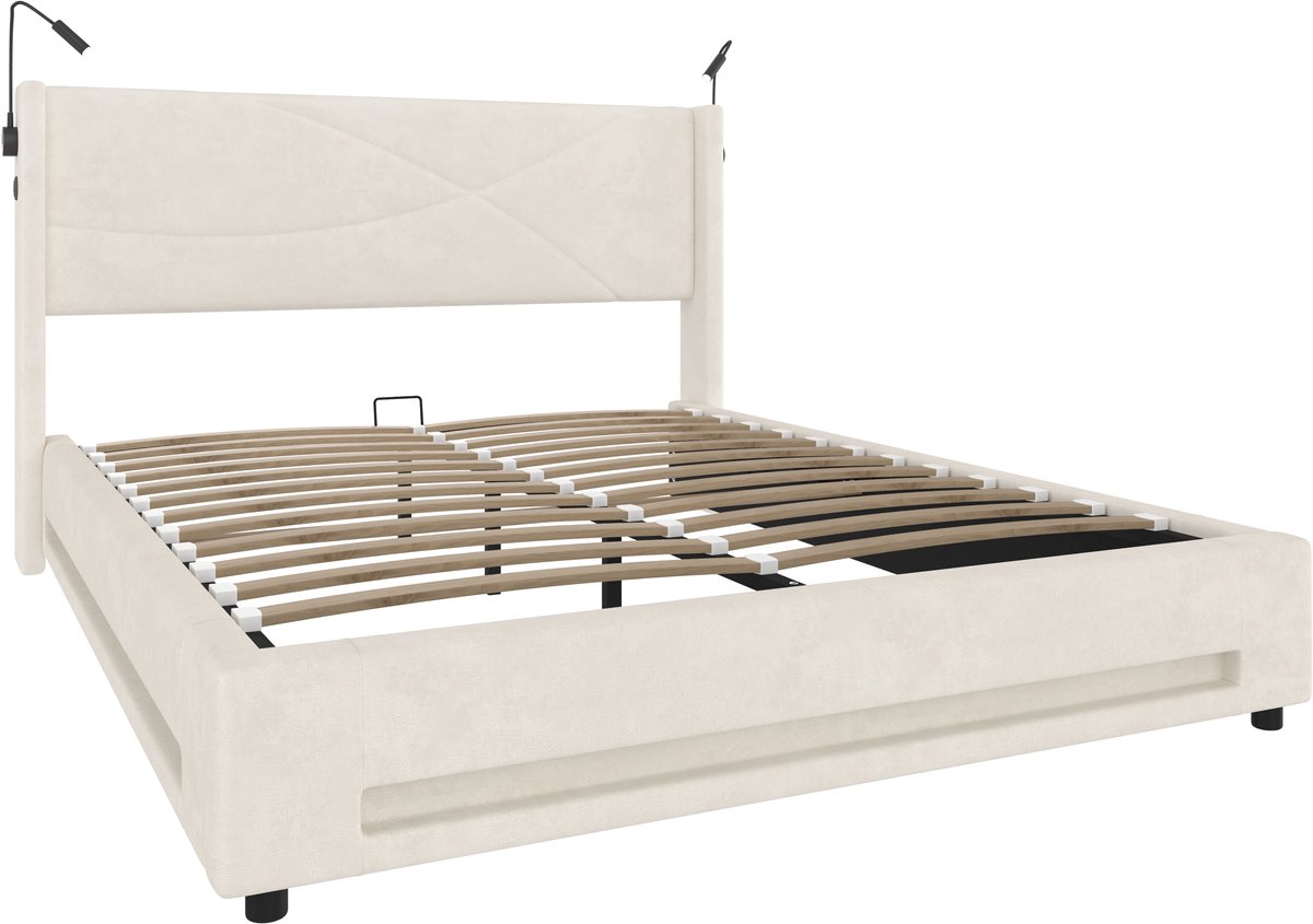 Dit modern vormgegeven bedframe is voorzien van twee leeslampjes, een ledstrip, hydraulisc