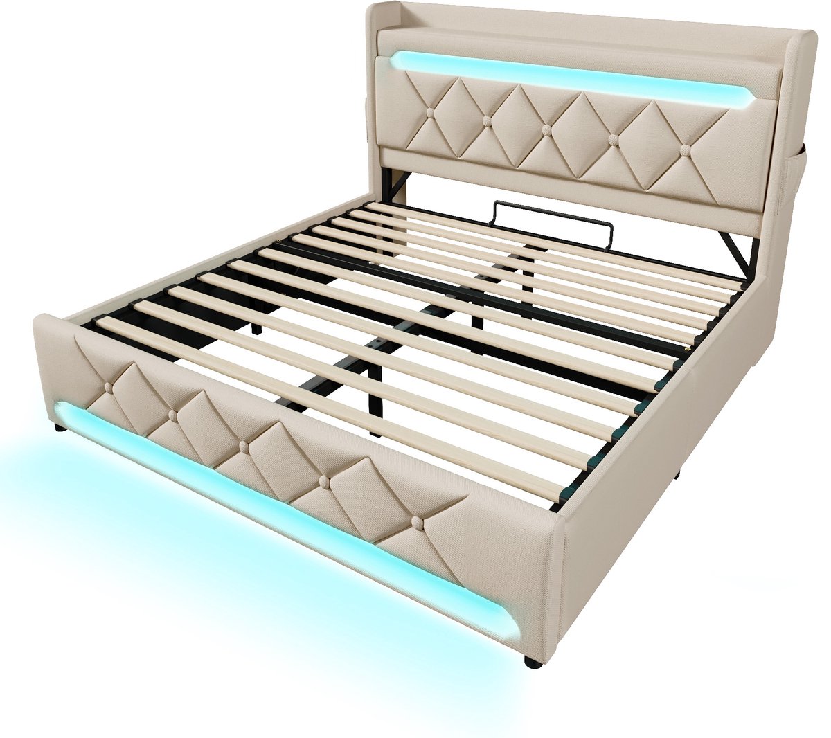 COVREO Bed met USB en Type-C – 146x225x111 cm – Bedframe met LED en hydraulische opbergruimte – Tweepersoons voor slaapkamer – Beige - met matras