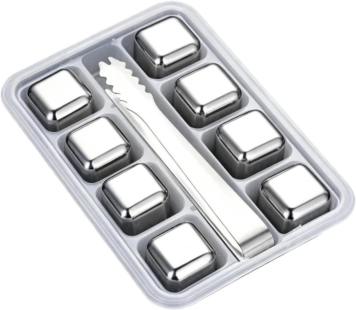 Herbruikbare ijsblokjes - Metalen ijsblokjes tang - Dranken koelen - Behoudt pure smaak - Set van 8 - Zilver