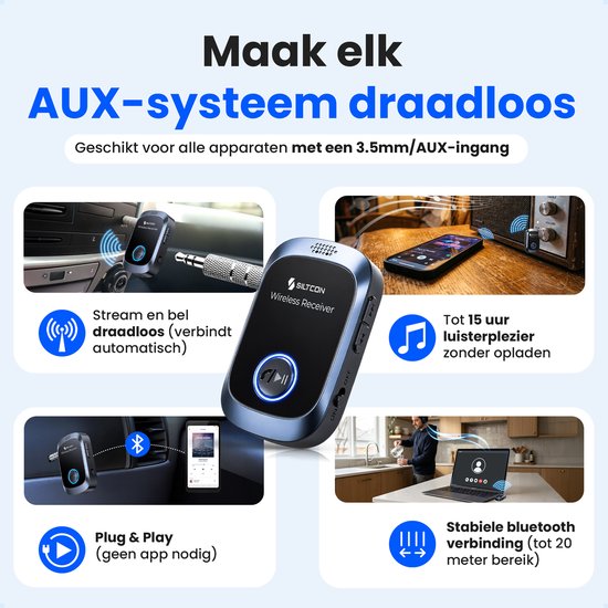Siltcon® Bluetooth Receiver - BT 5.4 - 3.5MM AUX - Bluetooth Ontvanger - Bluetooth Audio Receiver - Bluetooth Auto via AUX - Aux Bluetooth - Handsfree Bellen - Universeel Auto, Speaker, Tablet, Laptop & Telefoon - USB-C Oplaadbaar - Incl. Aux kabel van Siltcon — afbeelding 5
