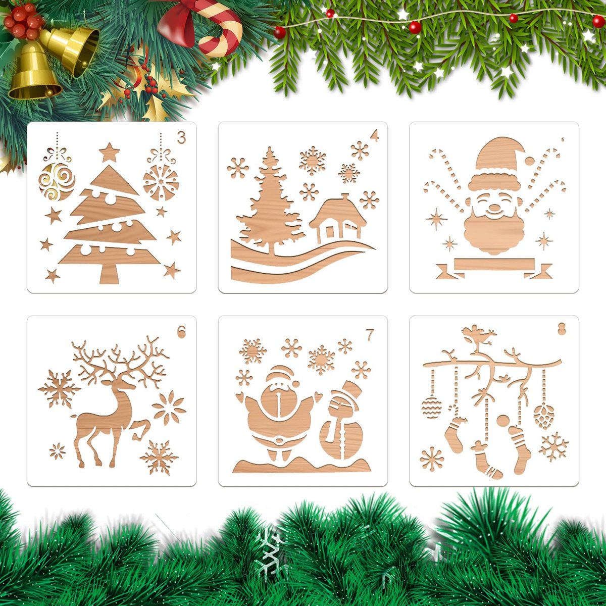 Dailygoods- Schildersjablonen 6 stuks - Herbruikbare sjablonen - Kunststof - 13 x 13 cm - Kerstman/Kerstboom/Kerstsokken - Duurzaam en veelzijdig