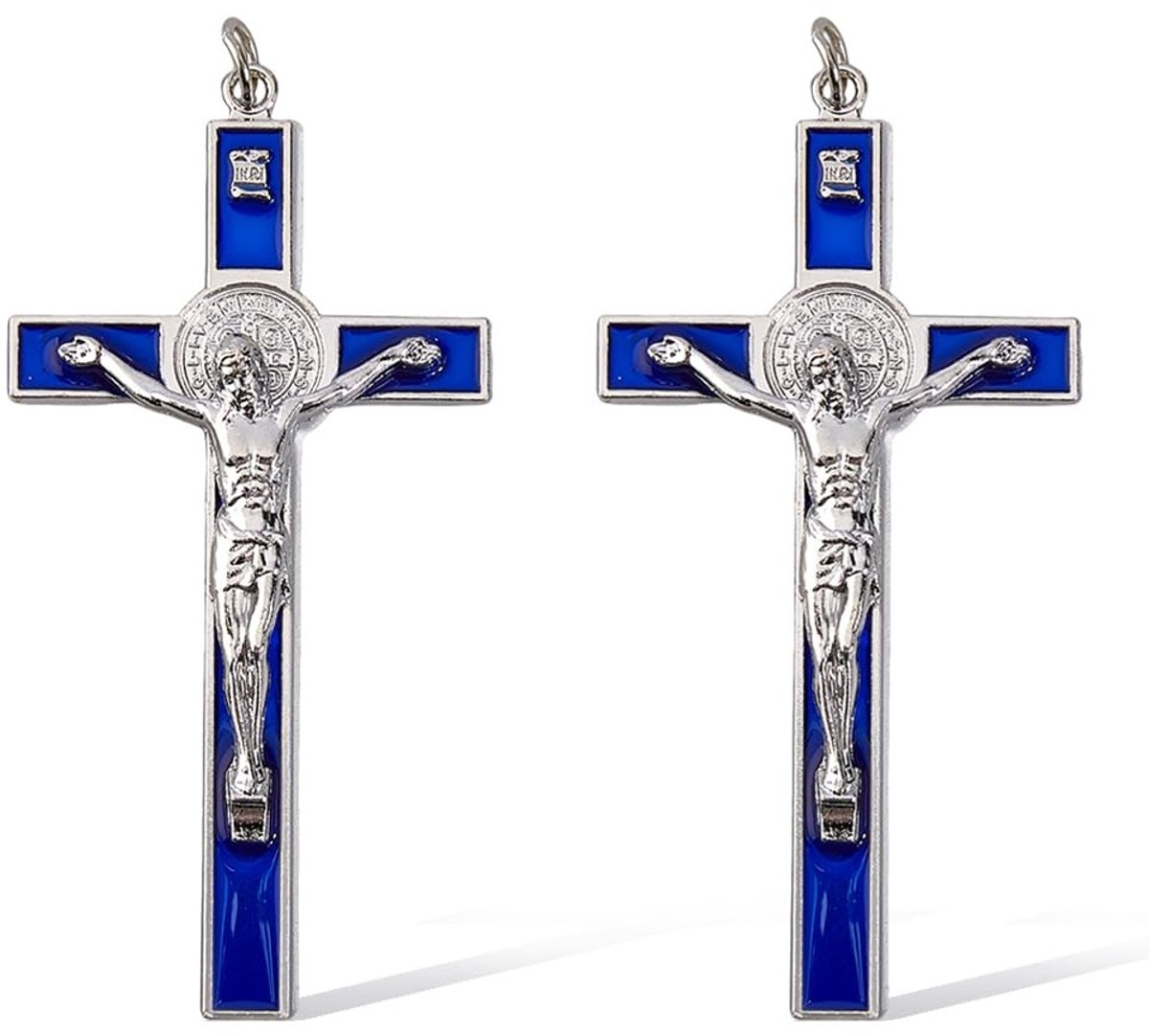 Dailygoods- Wandkruis Set van 2 - Kleine Wandkruis 10,6 x 5,35 cm - Emaille Crucifix - Heilige Benedictus - Katholieke Decoratie - Blauwe Detaillering - Kruisdecoratie