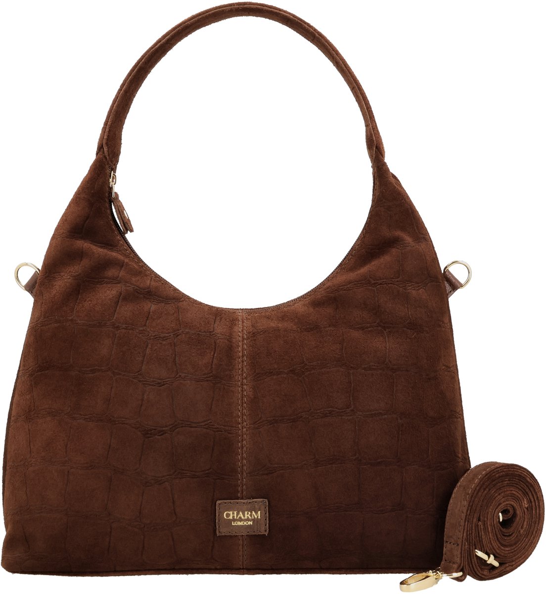Charm London Cairo Schoudertas - Echt Suède - Crocoprint - Afneembare Schouderband - Dames Tas - Achterritsvak - Handtas - Crossbody - Leren Dames Tas - Bruin
