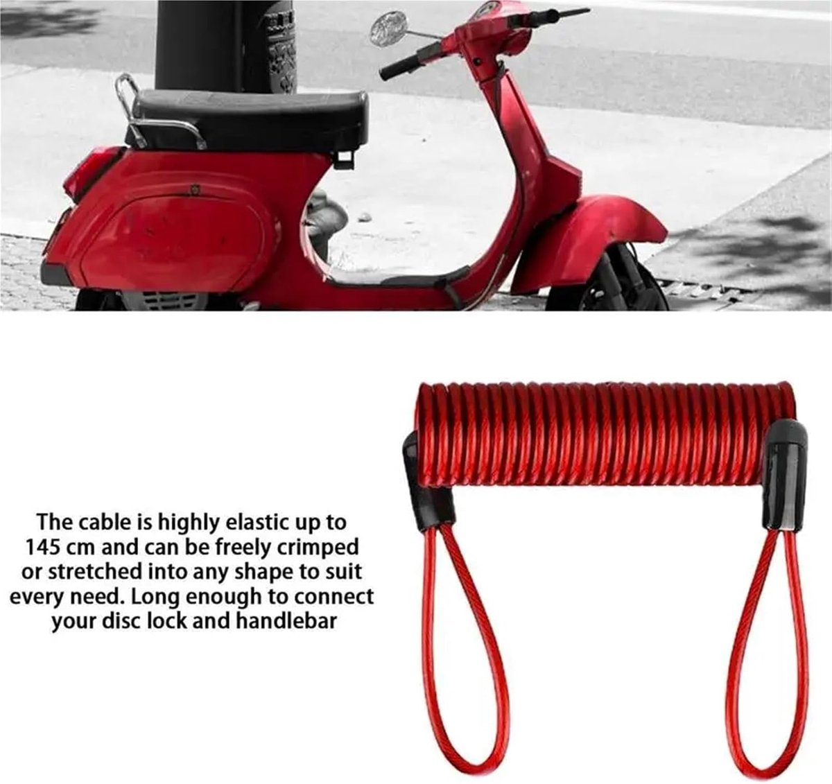 Remschijfslot Herinneringskabel - Motorfiets Scooter Touw - Voertuig Beveiligen - Zeer Elastisch - 120 cm - Zwart – foto 6