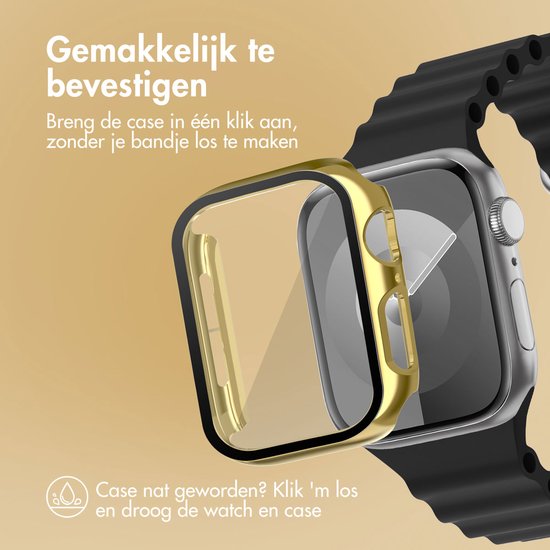 Gouden Apple Watch hoesje met doorzichtige screenprotector, makkelijk te
bevestigen.