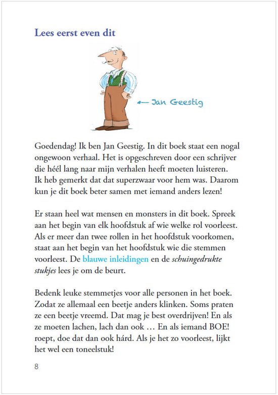 Jan Geestig in een bruin pak met blauwe bretels, zittend met een boek in zijn hand.