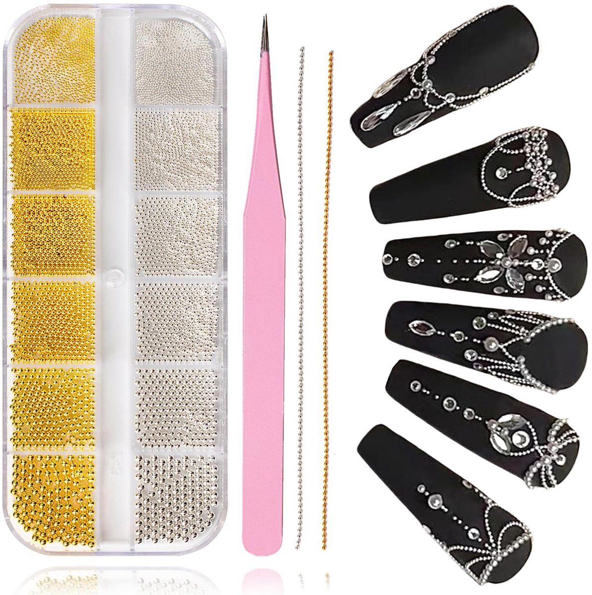 Dailygoods- Kaviaarkralen 5680 stuks - Nagelkralen - Nagelkunstaccessoires - Nagelkettingen - Nagelcharms - Inclusief nagelpincet - Nagelparels