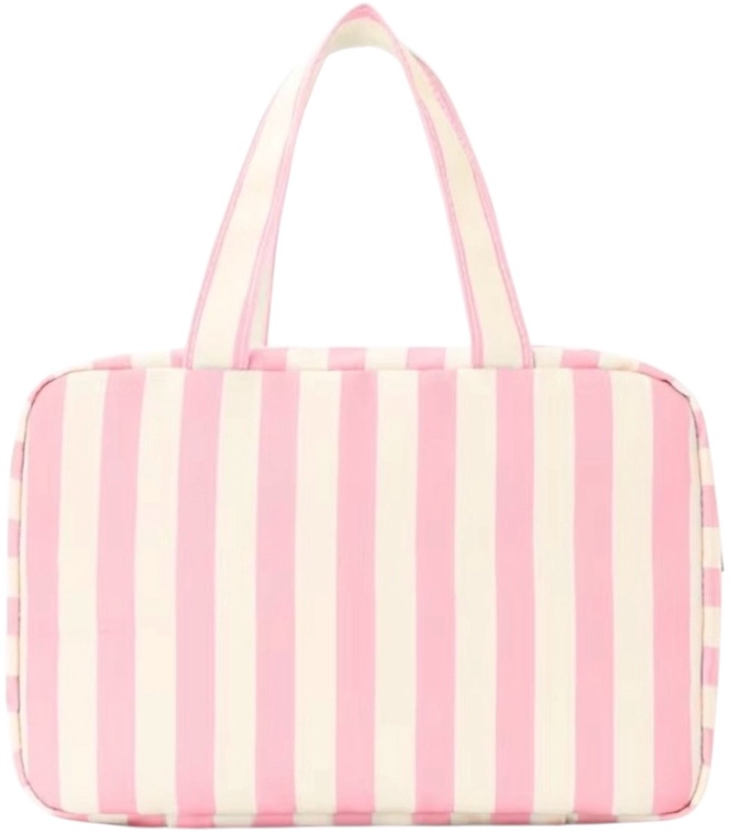 Twenty Two Hangende toilettas met haak | opvouwbare cosmetische reistas | toilettas | beautycase dames | toiletzak | outdoor reistas dames/heren | praktisch & draagbaar | roze-wit gestreept
