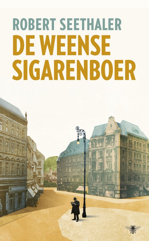 Boekomslag 'De Weense sigarenboer'. Een man met hoed staat op een plein met gebouwen en een lantarenpaal.