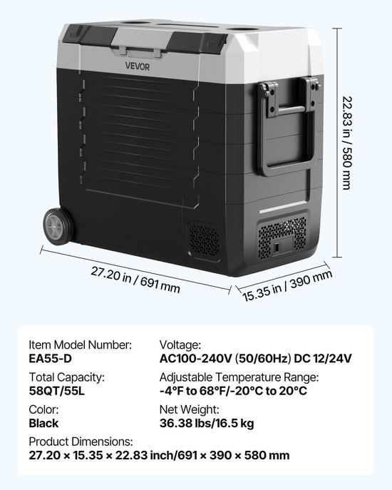 VEVOR Auto Kofferklimaatregelaar, DC 12/24V AC100-240V Compressor Elektrische Cooler, -20°C tot 20°C Truck Klimaatorgeel met APP Besturing, Riem & Dubbele Zone, 55L Auto Cooler voor RVs, Boten, Camping, Visschen van Vevor — afbeelding 3