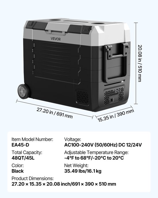 VEVOR Auto-Koelkast, DC 12/24V AC100-240V Compressor Elektrische Koeler, -20°C tot 20°C Vrachtwagenkoelkast met App-Bediening, Wielen & Dubbele Zone, 45L Auto-Koeler voor Rvs, Boten, Kampen, Vissen van Vevor — afbeelding 3