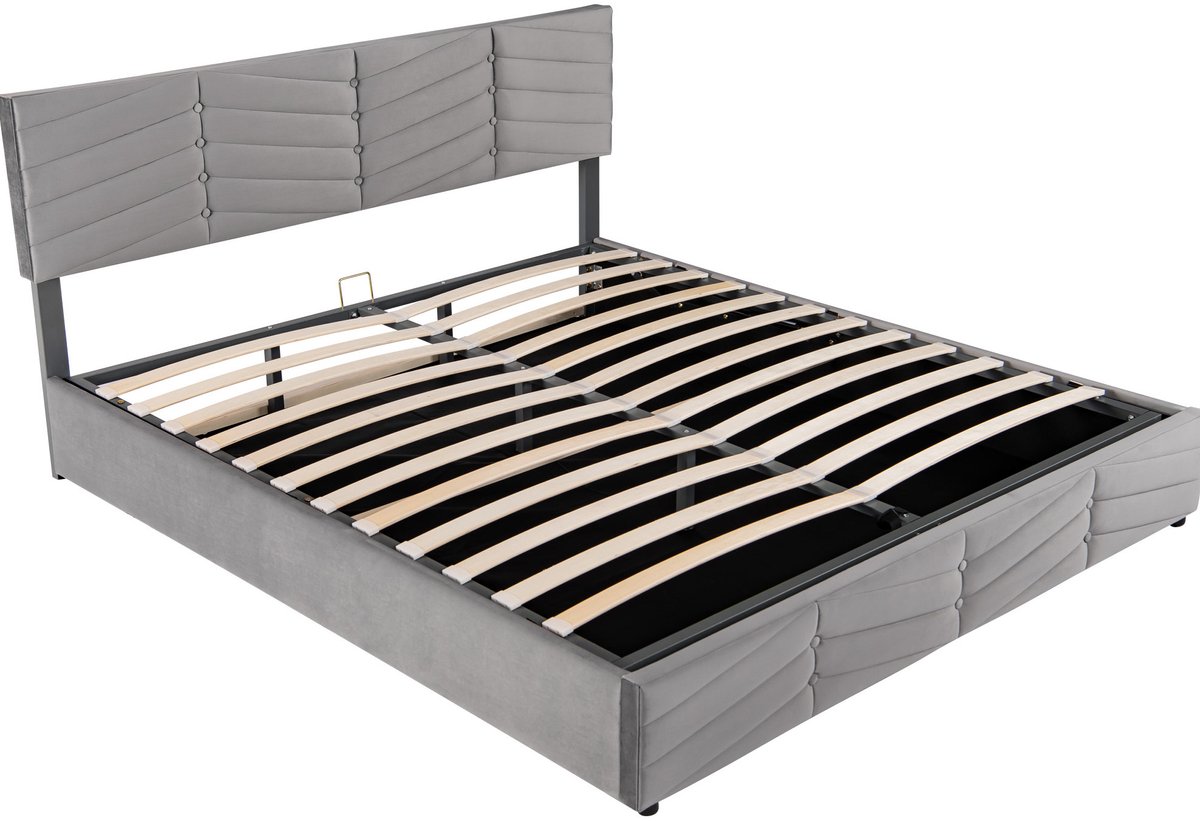 Gestoffeerd bed, tweepersoonsbed, hydraulisch verstelbaar bed, fluweelstof, gestreept patroon, Europese stijl, in hoogte verstelbaar hoofdeinde, 180 x 200 mm, grijs.