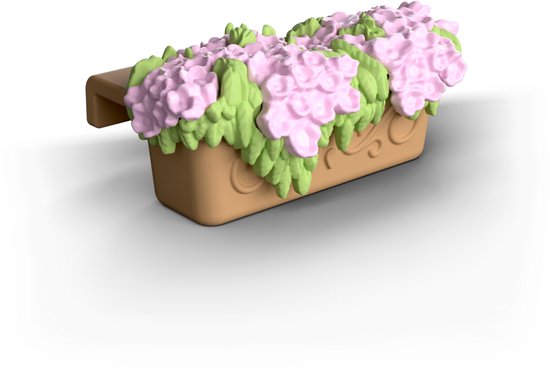 Bloembak met roze bloemen en groene bladeren.