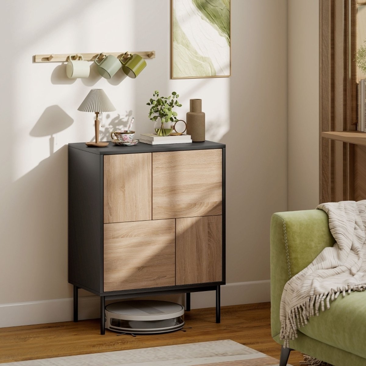 DESMIU Dressoir - Push To Open Opbergkast Met 4 Gesloten Vakken - Voor Woonkamer Keuken En Hal - Hout En Metaal - Zwart En Naturel Bruin