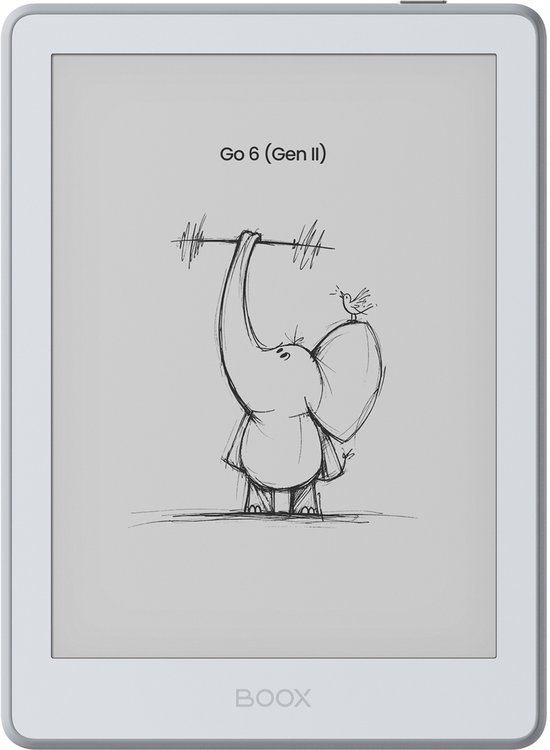 De BOOX Go 6 (Gen II) e-reader in grijs met een stripfdeksel en een tekening van een olifant.