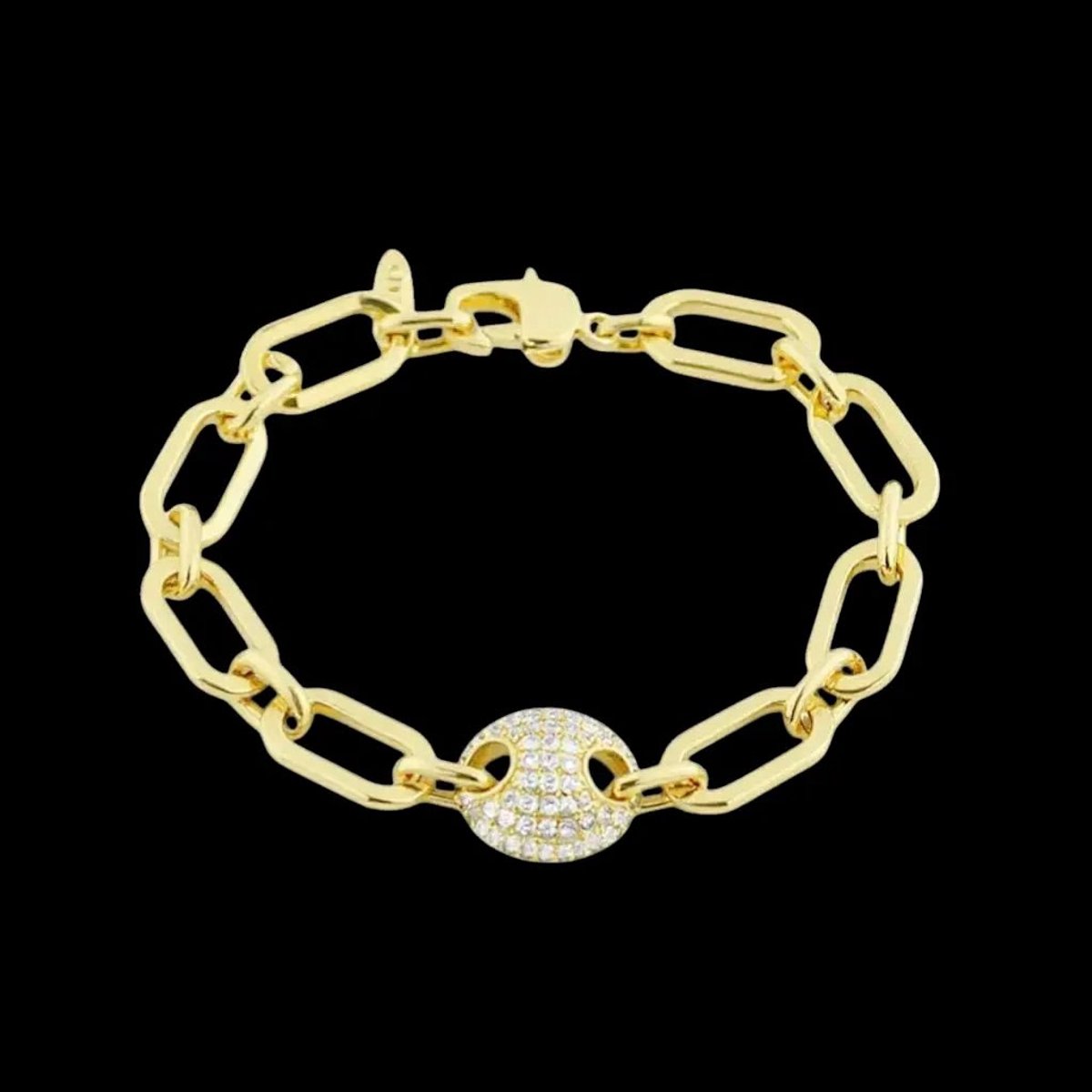 Victoria Valenza Goudkleurige Schakelarmband Koffieboon-Ornament met Zirkonia Stenen - Armband - Goudkleurig - Schakelarmband - Zirkonia