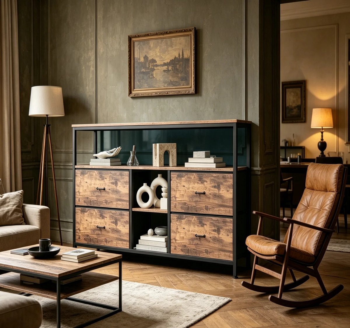Dailygoods Ladekast, tv-meubel, opbergkast met LED-verlichting, ladekasten en dressoirs, metalen frame met stoffen laden