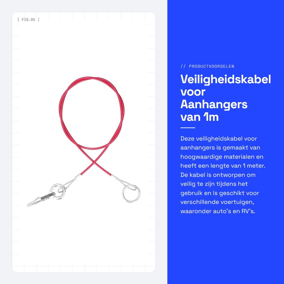 Dailygoods- Veiligheidskabels 1m/3,28ft - Aanhangkabel - Roestvrij Staal - Universeel - Zware Karabijnhaak - ABS Materiaal - Aanhangwagenkabel