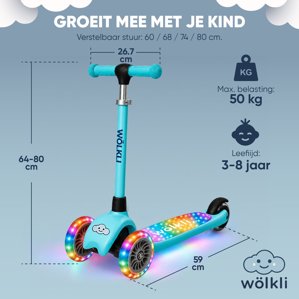 Wölkli Noaz Kinderstep - step 3 wielen - leeftijdsgroep 3+ - max 50kg - LED verlichting in de wielen - verlichting voetenplank - hoogte verstelbaar — afbeelding 6