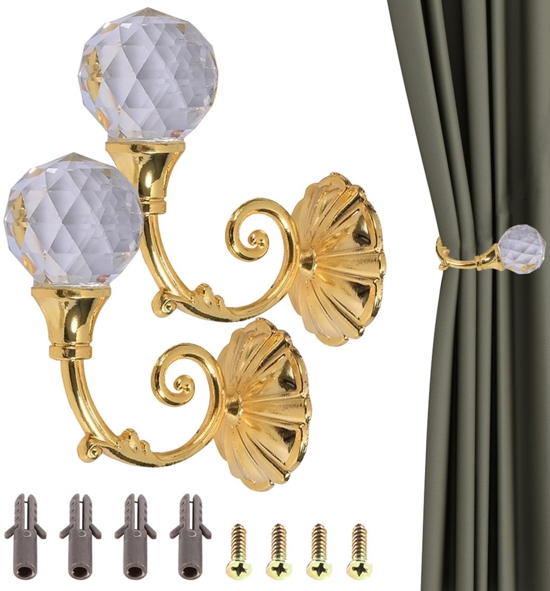 Dailygoods- Gordijnhouder Metalen - 2-delige Gordijnhouder - Decoratieve Gordijnhouder - Muurbevestiging - Raff Haak - Kristallen Bal - Gordijndrager