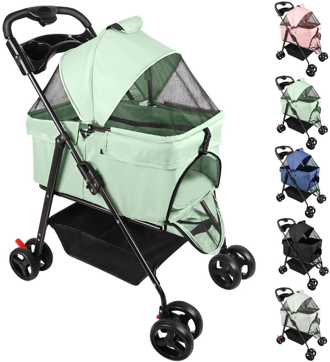 Dailygoods Honden- en kattenbuggy met 4 wielen, 3-in-1 opvouwbare buggy met afneembare wieg, ademend gaas, opbergmand en