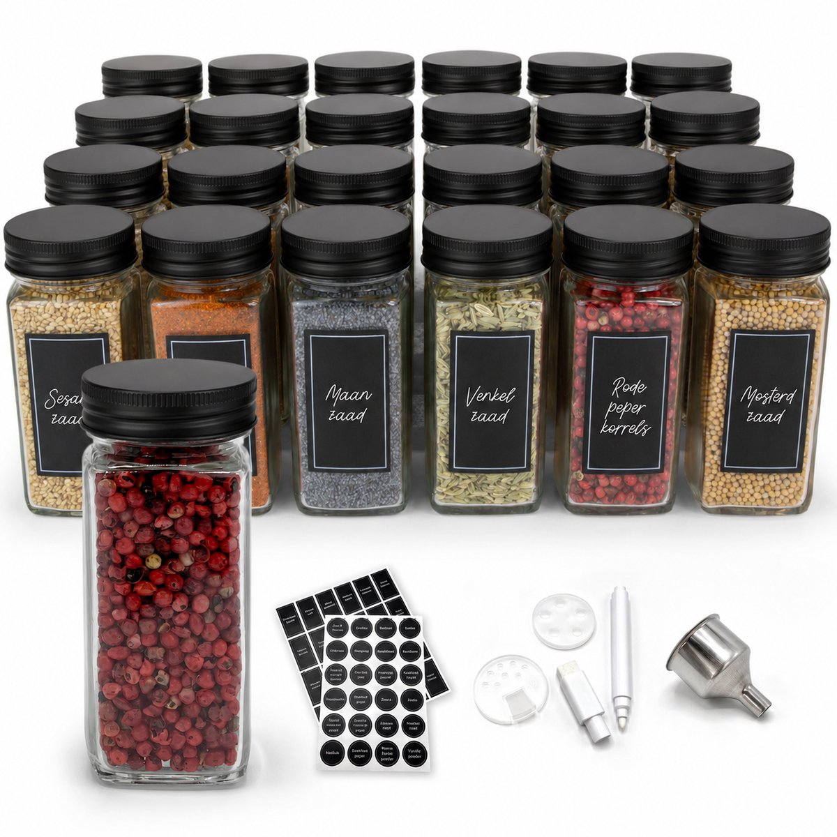George Napoli 24 Kruidenpotjes - Glas - Spice jar - Vierkant - Zwarte deksel - 48 Strooideksels & 240 stickers