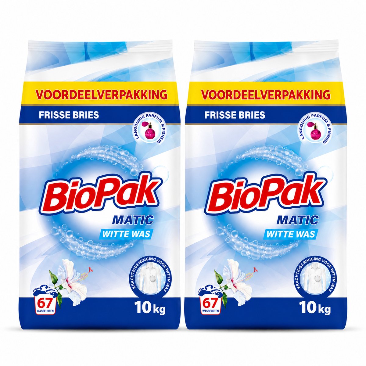 BioPak Matik Waspoeder Witte Was – 2 x 10 kg Voordeelverpakking – 134 Wasbeurten – Frisse Bries – Wasmiddel voor Witte Kleding