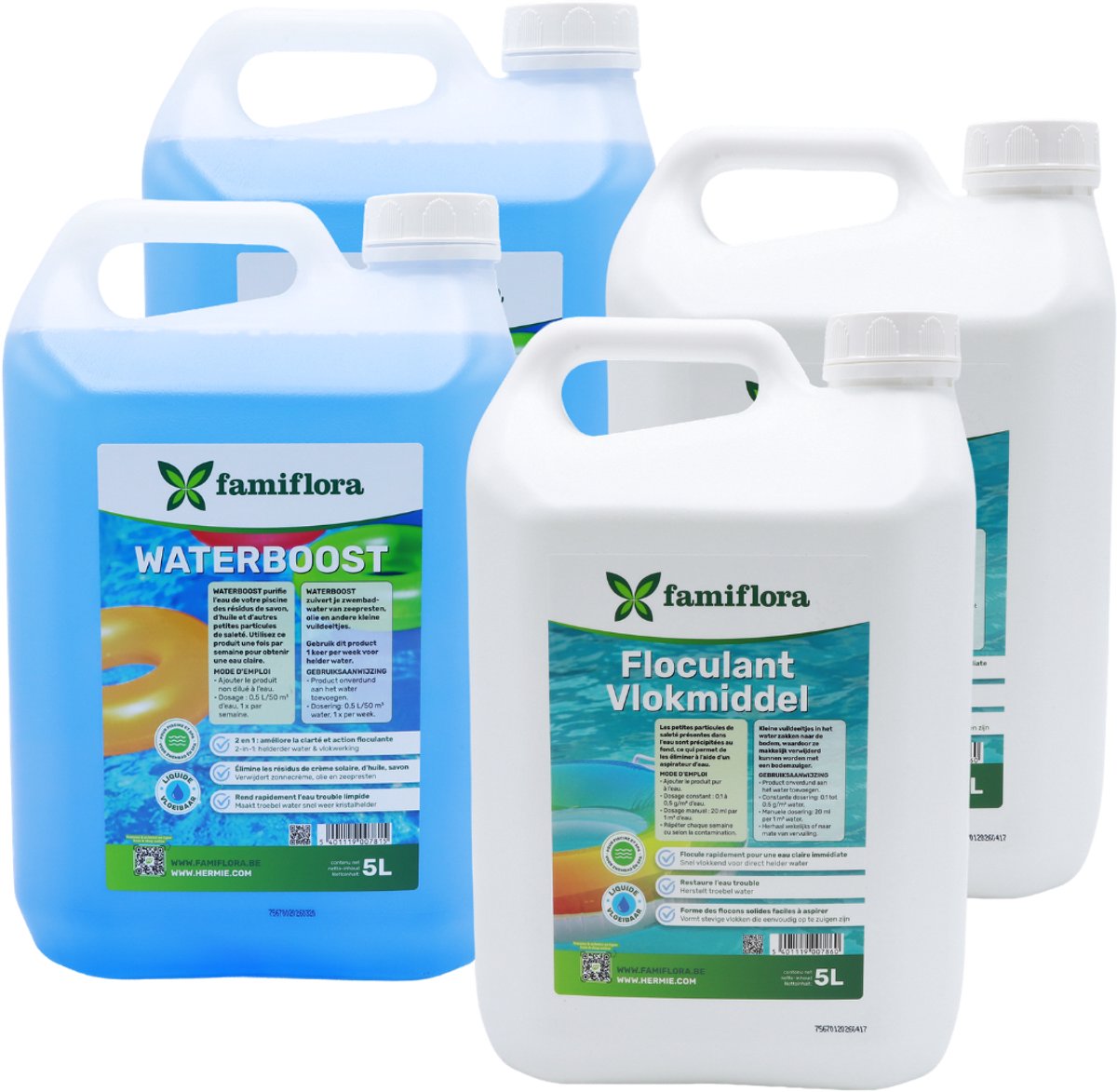 Famiflora helder zwembad pakket Waterboost 2x5L + Flocculant (vlokmiddel) 2x5L - Verwijdert troebel water volledig zodat je direct kan genieten van kristalhelder water