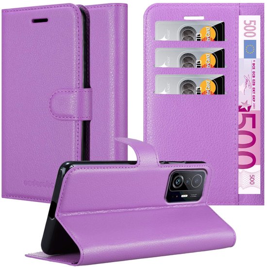 Étui portefeuille violet, montré en trois positions : fermé, ouvert avec téléphone, et téléphone en mode paysage.