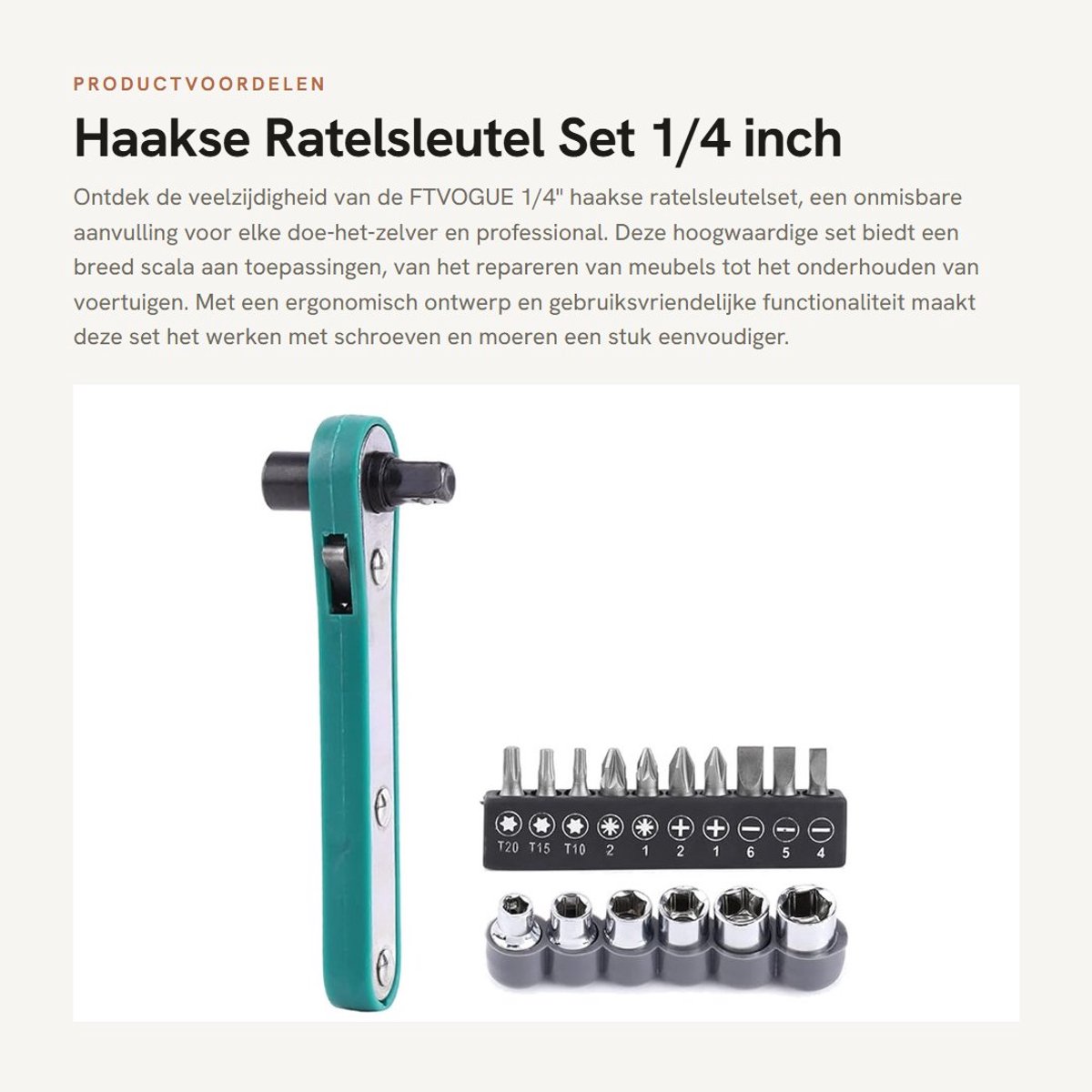 Dailygoods- Ratelsleutel 1/4" - 6 x Steeksleutels - 10 x Schroevendraaierbits - Verstelbare Ratel - Hoogwaardige Materialen - Comfortabele Handgreep - Steeksleutel