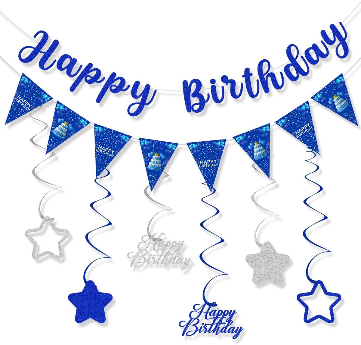 Dailygoods- Verjaardagsdecoraties - Blauwe/Zilveren Feestdecoratie - Vrolijke Banner - Werveldecoraties - Feestbenodigdheden - Geschikt voor Binnen/Buiten