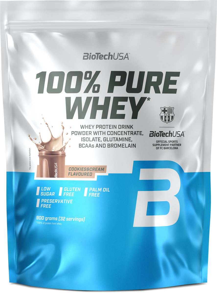 BioTechUSA 100% Pure Whey | Eiwitpoeder met BCAA en Glutamine | Glutenvrij, Palmolievrij | 21g Eiwit per portie, 900 g, Koekjes & Crème