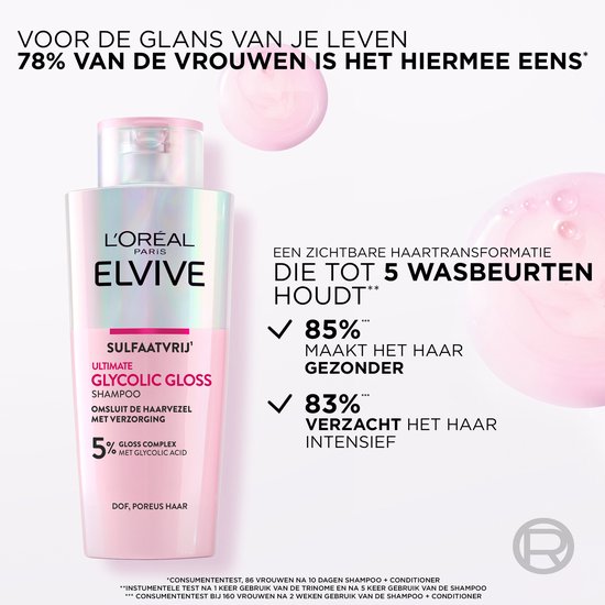 L'Oréal Paris Elvive Glycolic Gloss Ultimate Shampoo - voor dof, poreus haar - met glycolic acid voor glanzend haar - 200 ml