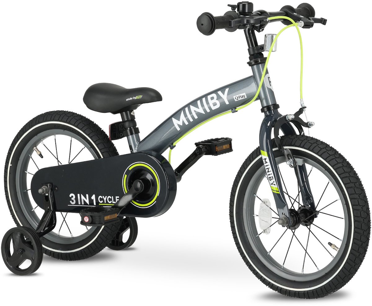 Qplay Miniby Luxe Kinderfiets 14 inch - 3 in 1 Loopfiets - Grijs