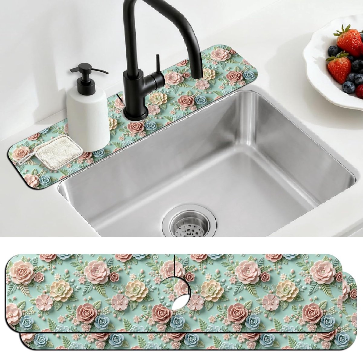 2 Stks Aanrecht Splash Guard Kraan Mat Reliëf Bloemen Patroon Kraan Mat voor Gootstenen Bloem Absorberende Droogmatten - ShopVlot