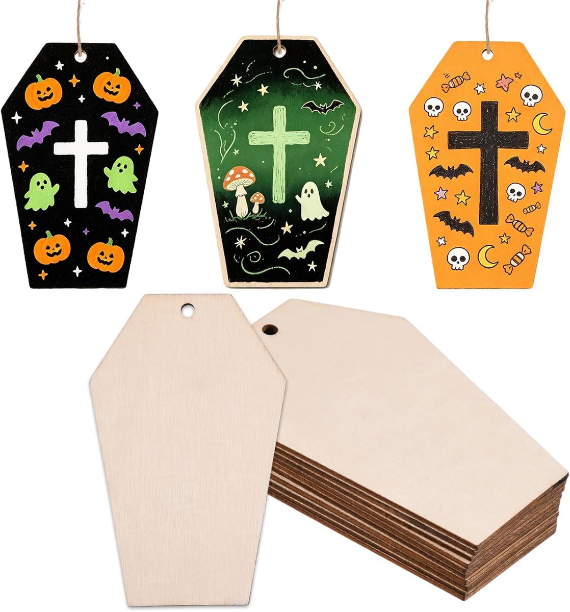 Houten Halloween-grafsteenhangers, burlywood, 50 stuks met jute touw, blanco onafgewerkte houten ornamenten voor - ShopVlot